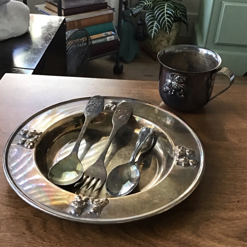 Vintage collectible silver plated baby feeding set